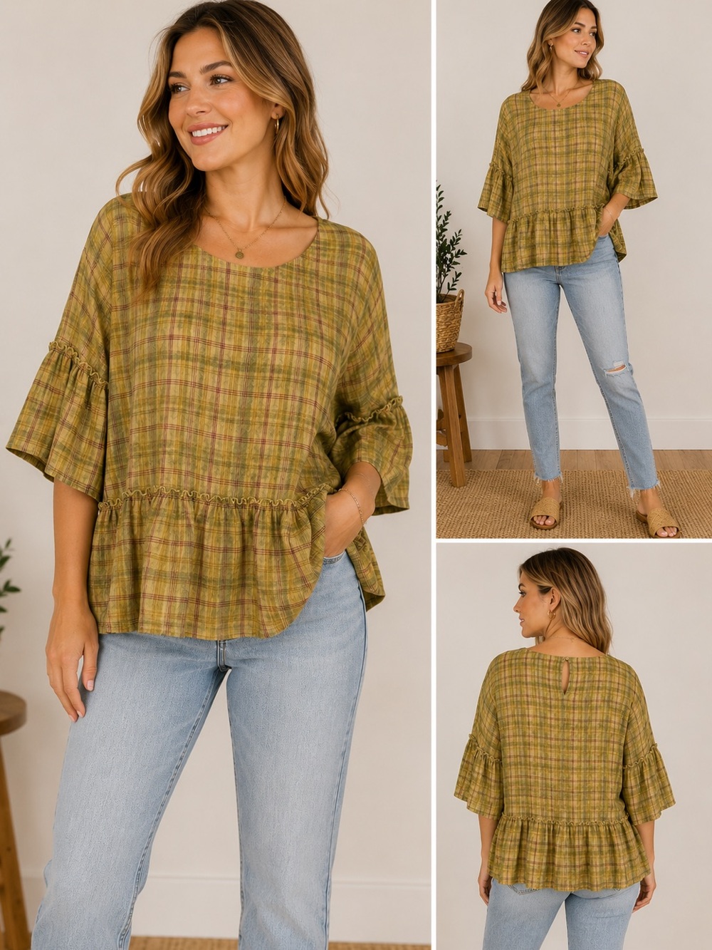 NWT Easel Olive Plaid Ruffle-Hem Top Oversized Size Up or Down for Oversized Fit